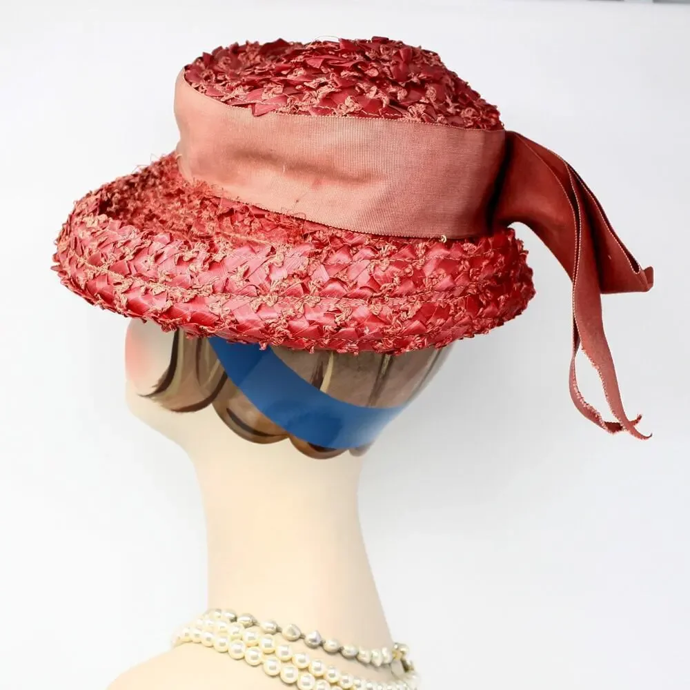 Vintage Mr Michael Red Straw Boater Hat w Wide Ribbon and Veil Trim – Hey Viv